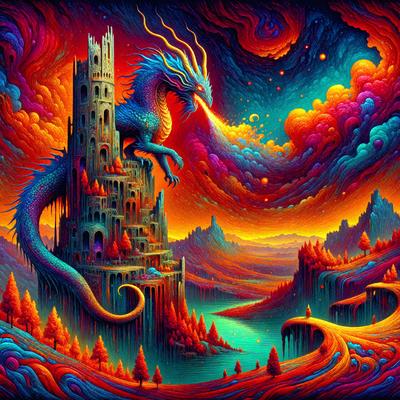 Primary subject: A dragon with a long neck and a castle in the background.

Setting/background: The dragon is standing in front of a castle, and there is a body of water nearby. The sky is filled with colorful clouds.

Visual style: The image is a digital art piece.

Colors and mood: The colors are vibrant and lively, with the dragon being predominantly blue and the castle being orange. The overall atmosphere is fantastical and imaginative.